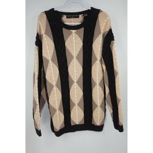 Vintage Henry Grethel Sweater Men's Large Brown Black Argyle Cable Knit Pullover